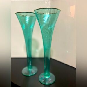 Anthropologie Marion Flute 8oz. Gold Rimmed. Teal Color Pair of 10” H x 3” D
